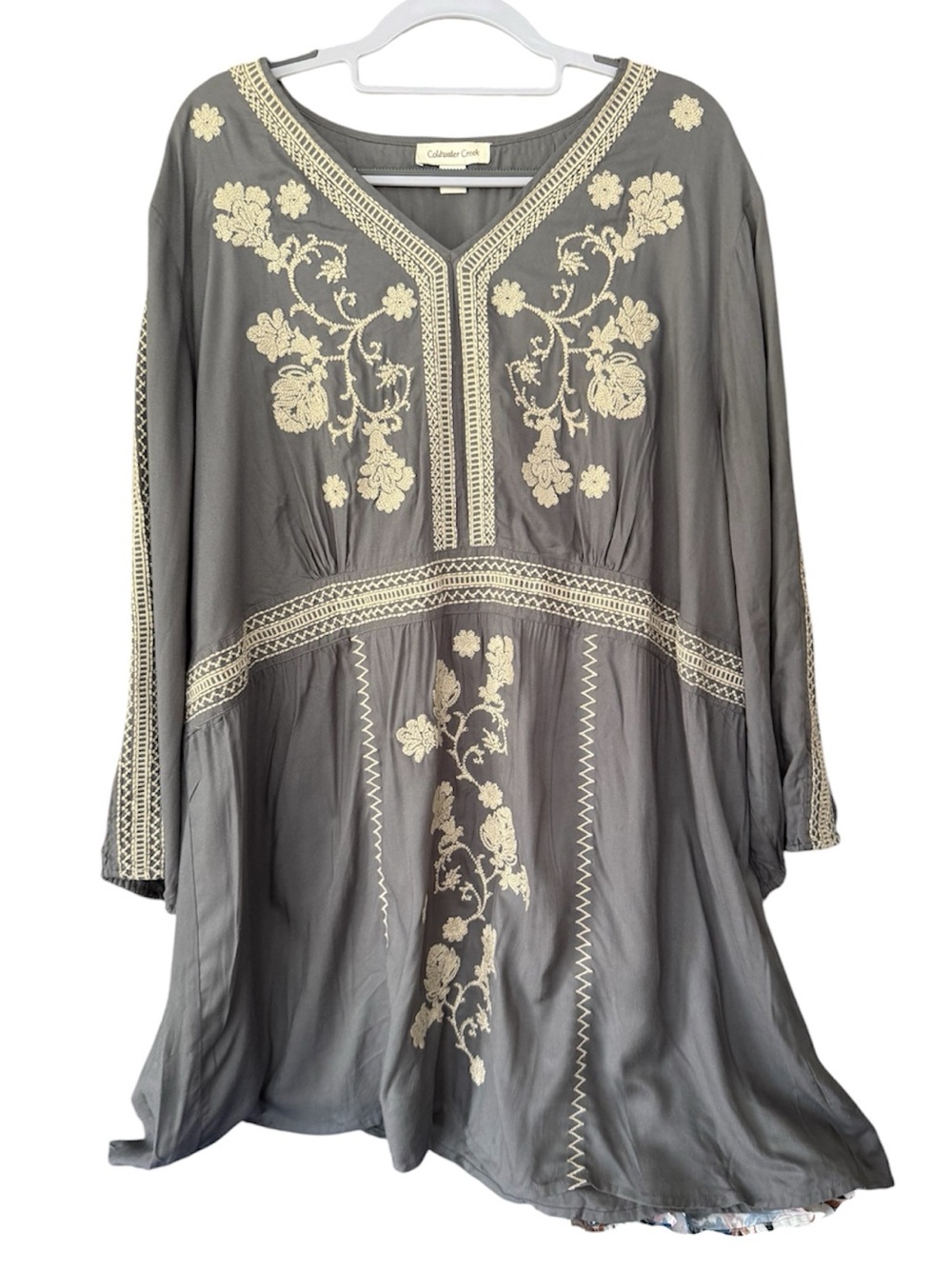 Coldwater Creek Women’s Embroidered Ivory Gray Bishop Long sleeve tunic Size 2X